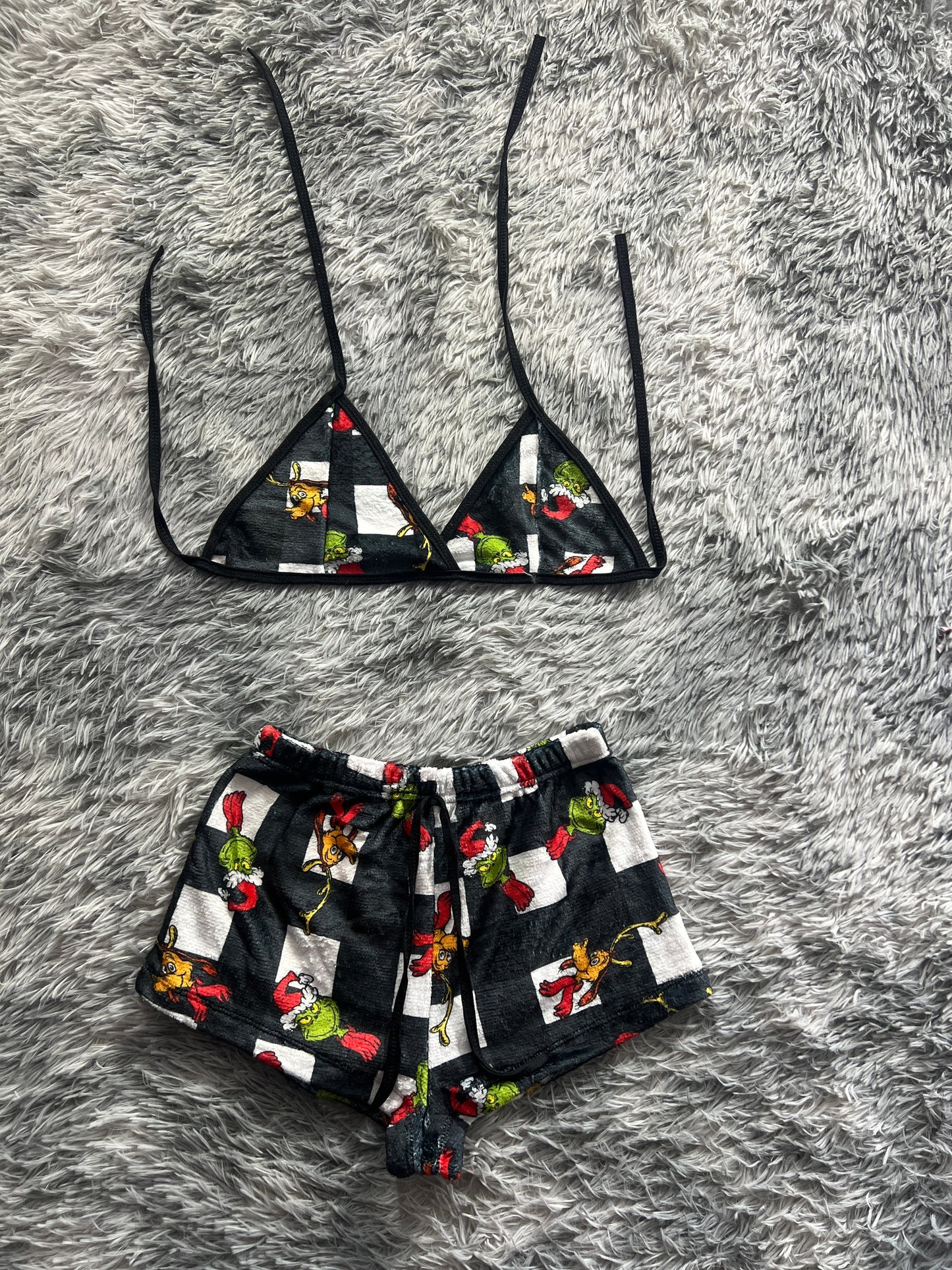 The Grinch Christmas Background White With Black Matching Top & Short - Fundies