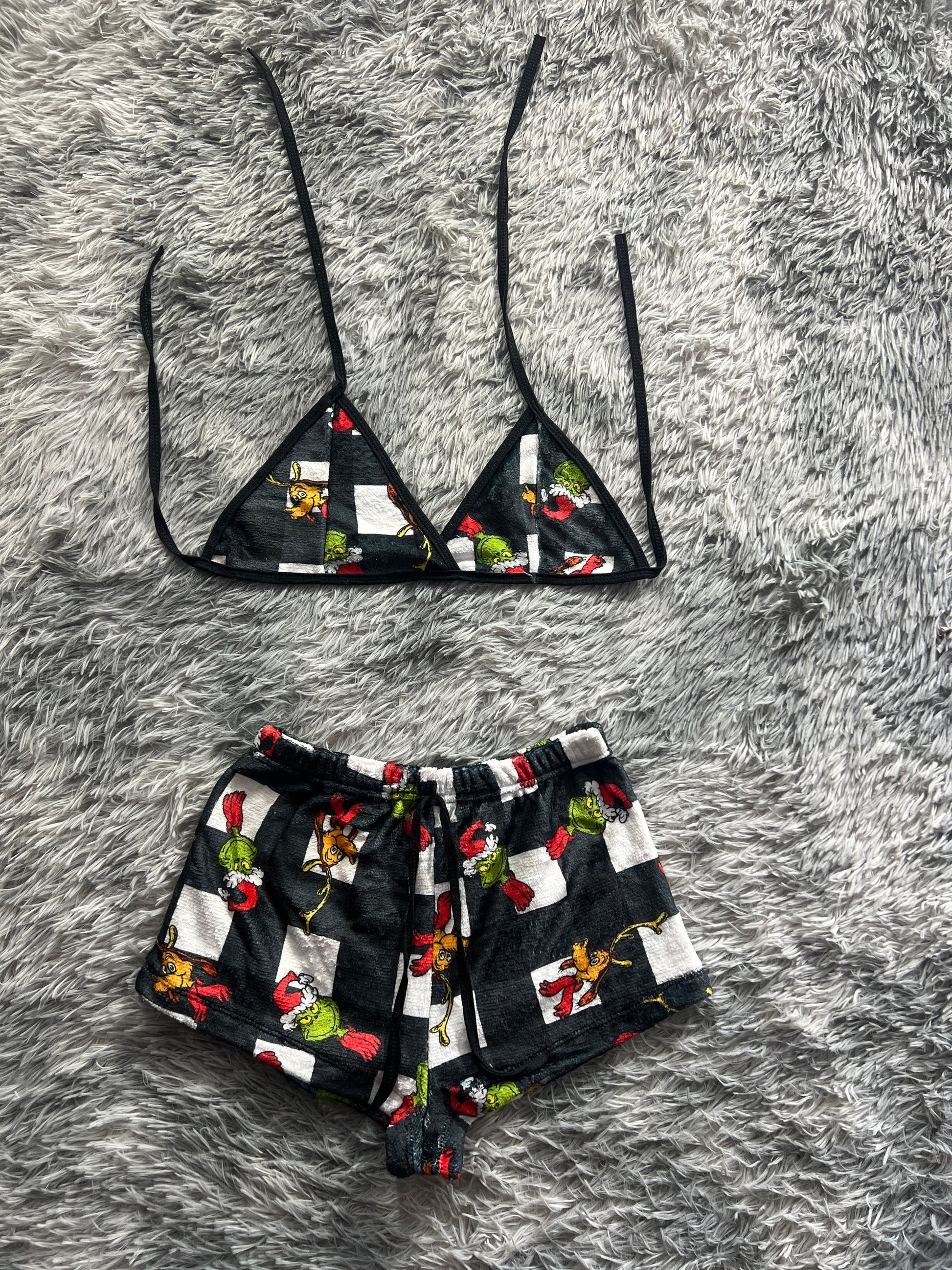 The Grinch Christmas Background White With Black Matching Top & Short - Fundies
