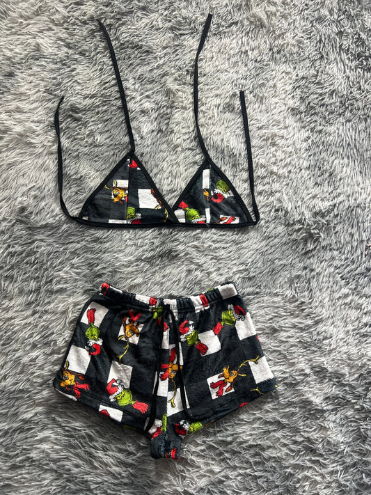 The Grinch Christmas Background White With Black Matching Top & Short - Fundies