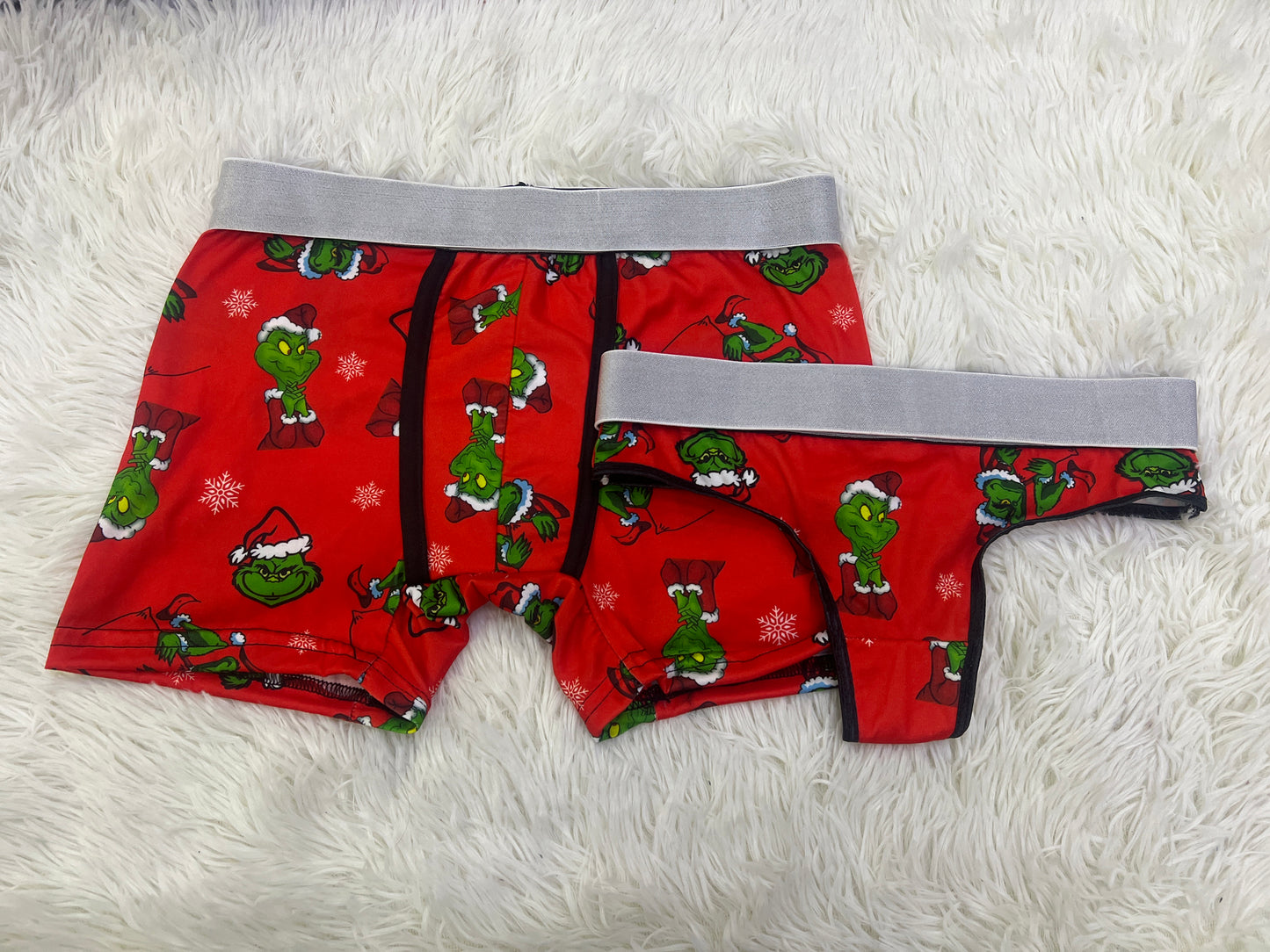 Grinch and snowflakes red background matching couples underwear christmas