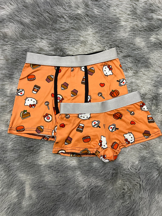 Kitty with pancakes, donut, coffee, cake, popsicles orange background matching couples boxer underwear