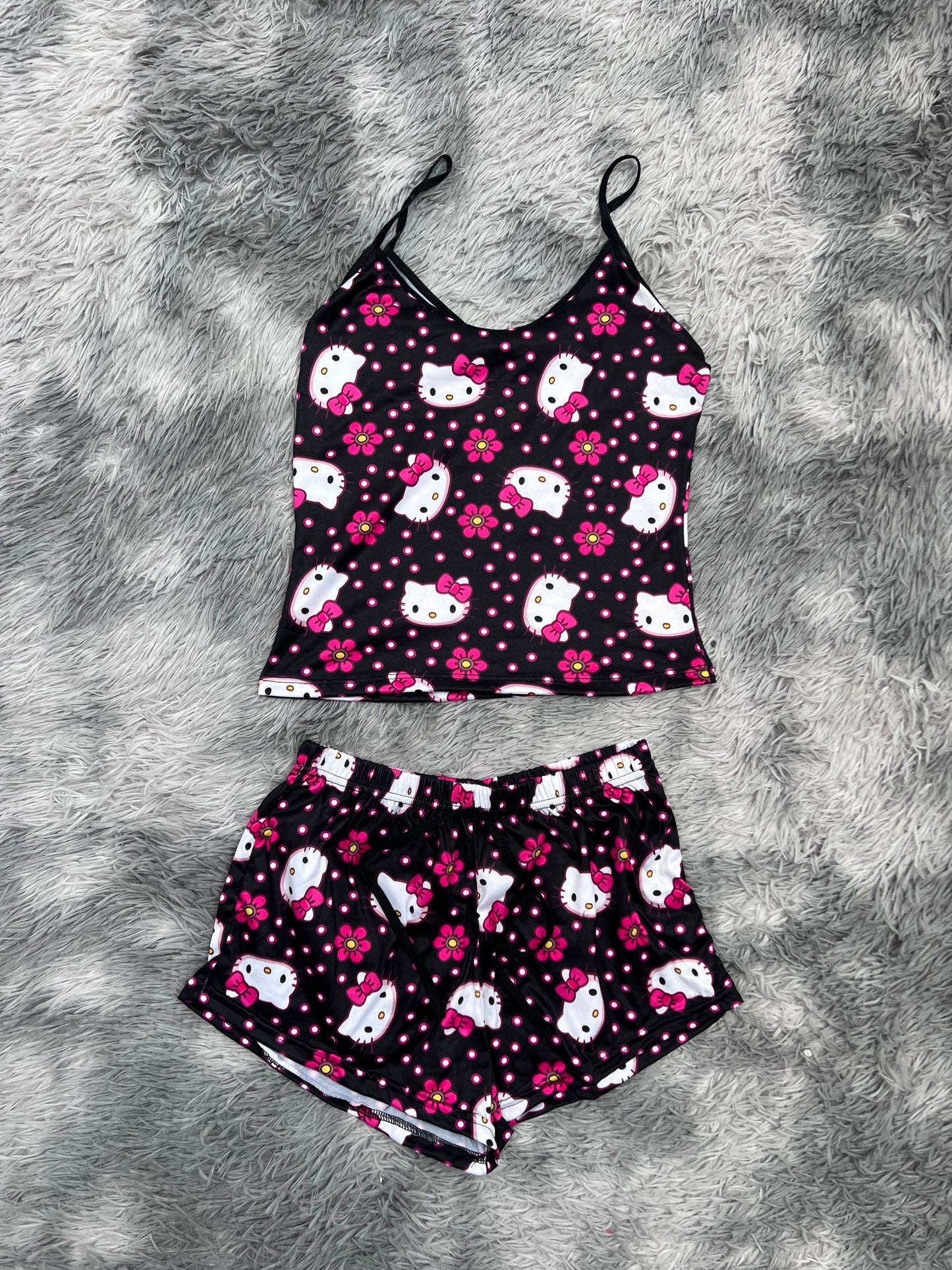 Hello Kitty Little Dots And Flowers Background Black Women's Pajama Set - Fundies