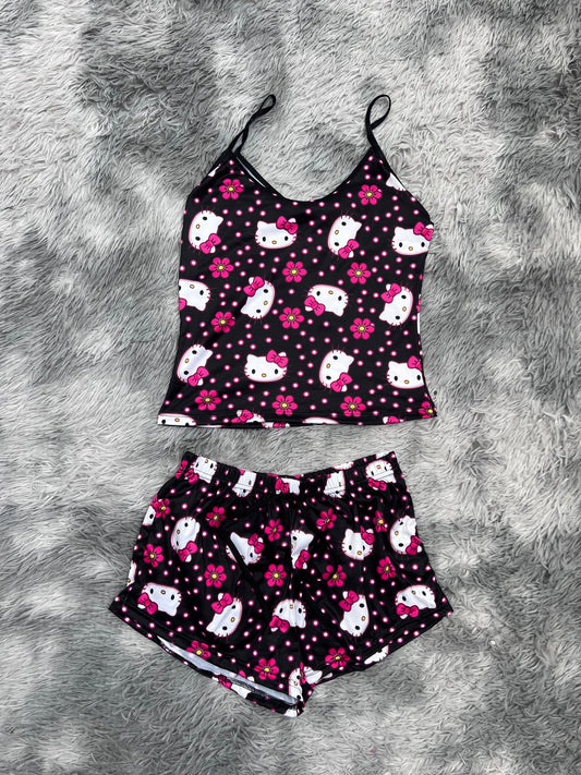 Hello Kitty Little Dots And Flowers Background Black Women's Pajama Set - Fundies
