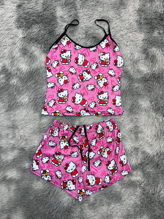 Hello Kitty With Plush Background Of Hearts Women's Pajama Set - Fundies