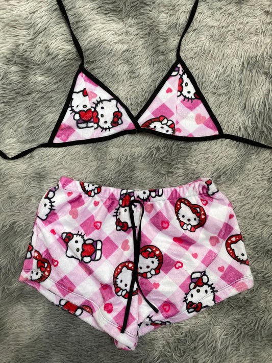 Hello Kitty Pink & White Plaid Plush Top & Shorts Set