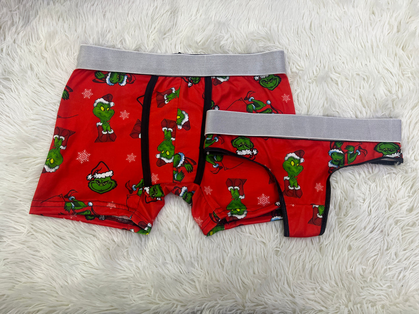 Grinch and snowflakes red background matching couples underwear christmas