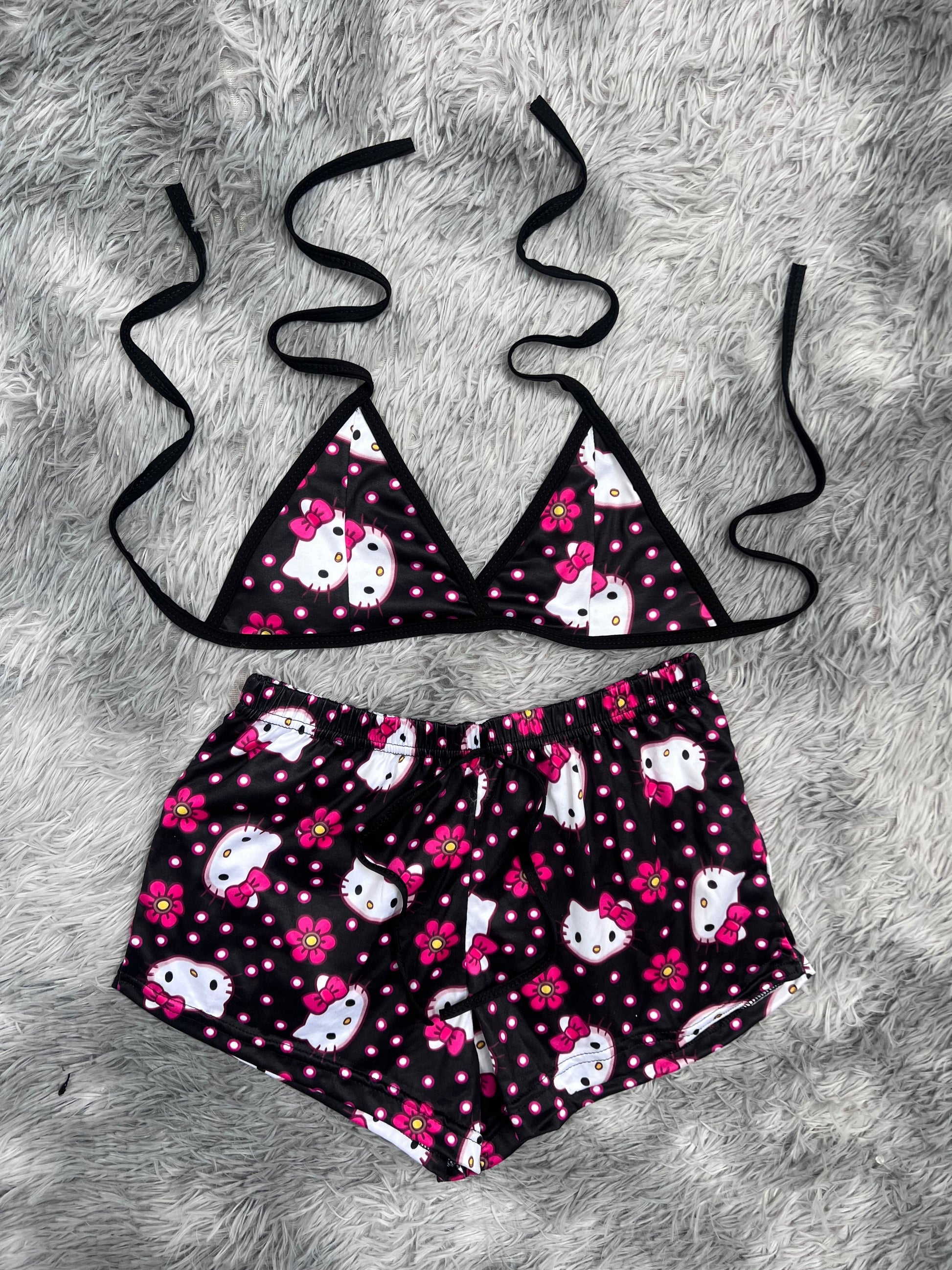 Hello Kitty Dots And Flowers Background Black Brush Matching Top & Short - Fundies