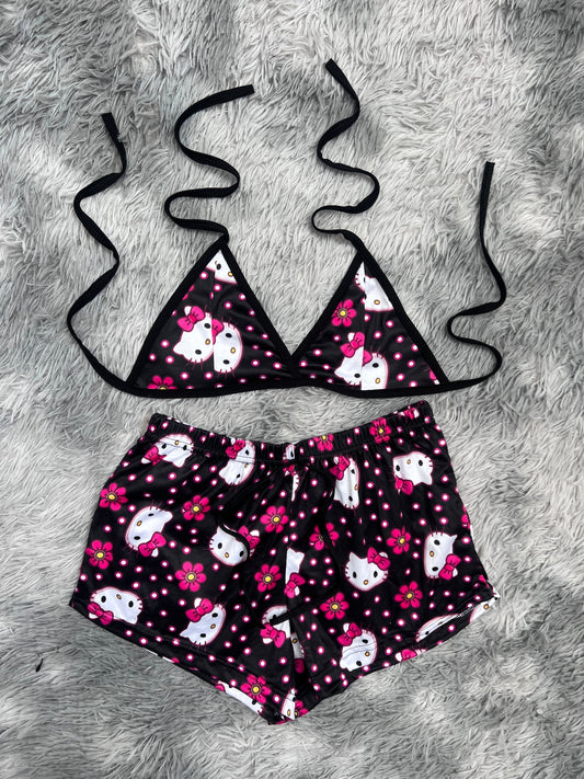 Hello Kitty Dots And Flowers Background Black Brush Matching Top & Short - Fundies
