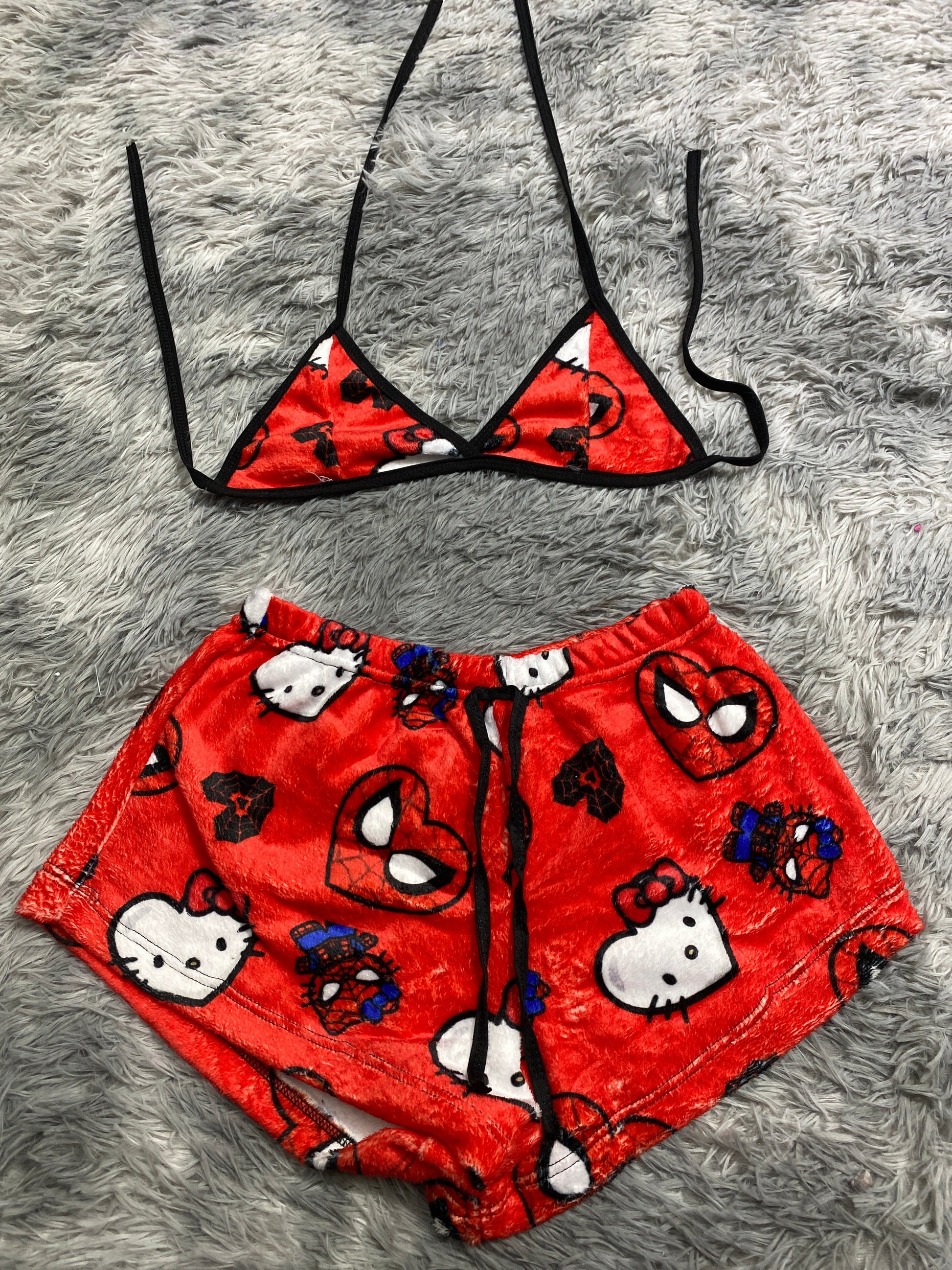 Hello Kitty With Spider-Man Background Red Matching Top & Short - Fundies
