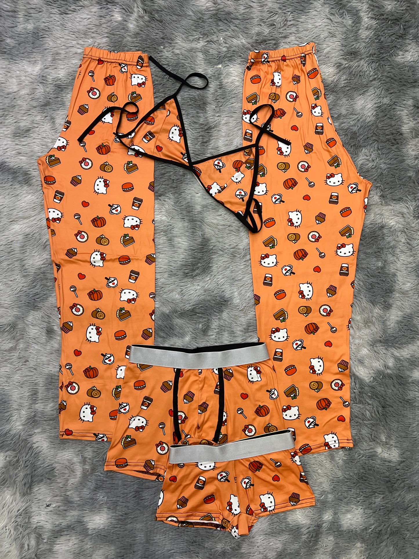 Kitty with pancakes, donut, coffee, cake, popsicles orange background 5 pcs pajama duo