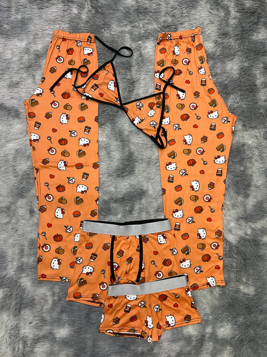 Kitty with pancakes, donut, coffee, cake, popsicles orange background 5 pcs pajama duo