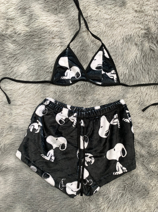 Snoopy Faces Black Plush Top & Shorts Set
