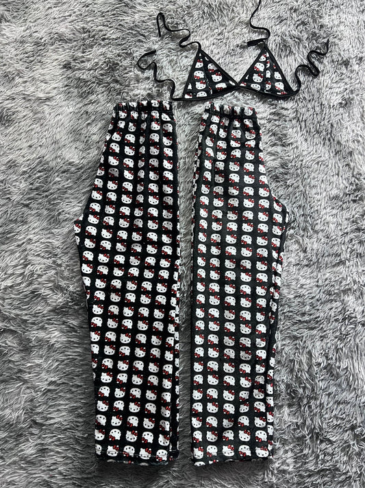 Hello Kitty Faces Background Black Matching Plushie PJs - Fundies