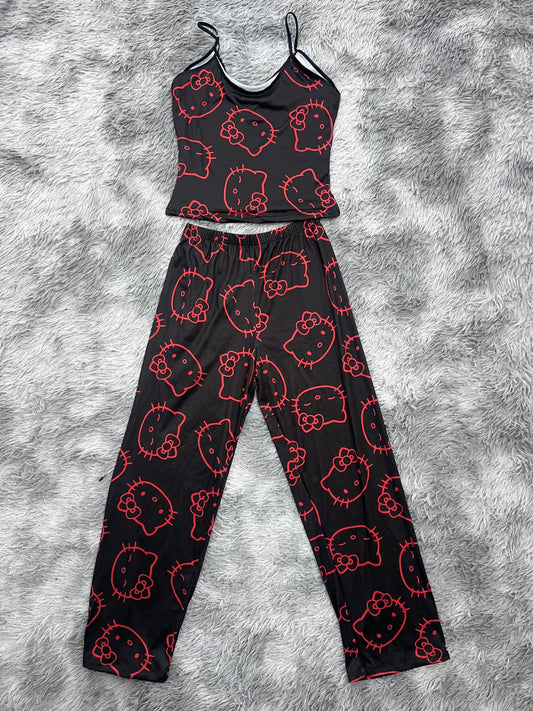 Hello Kitty Red Background Black Women's Pajama Set - Fundies