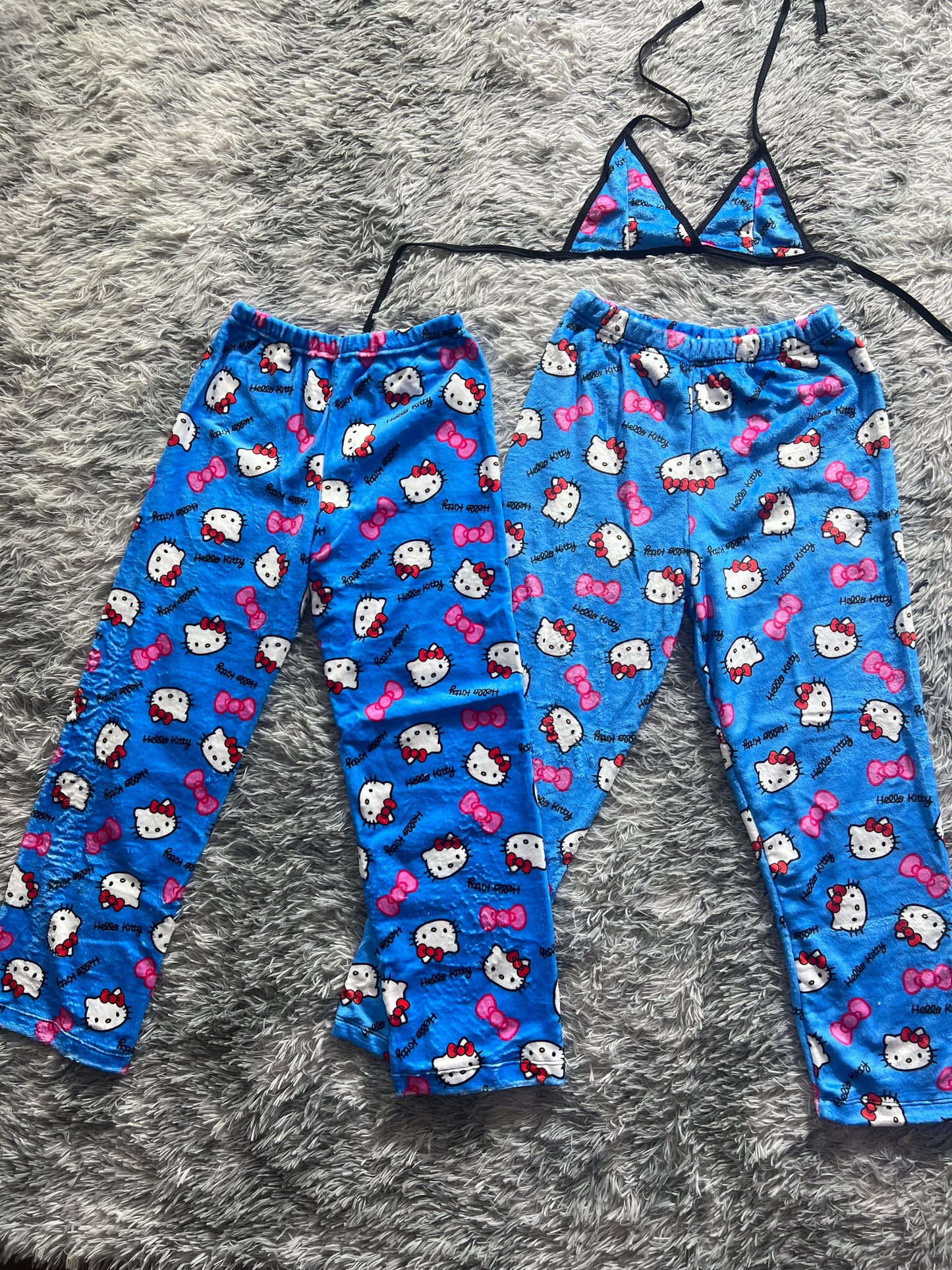 Hello Kitty faces blue Plush Pajamas matching set For Couples
