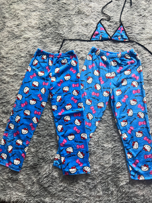 Hello Kitty faces blue Plush Pajamas matching set For Couples