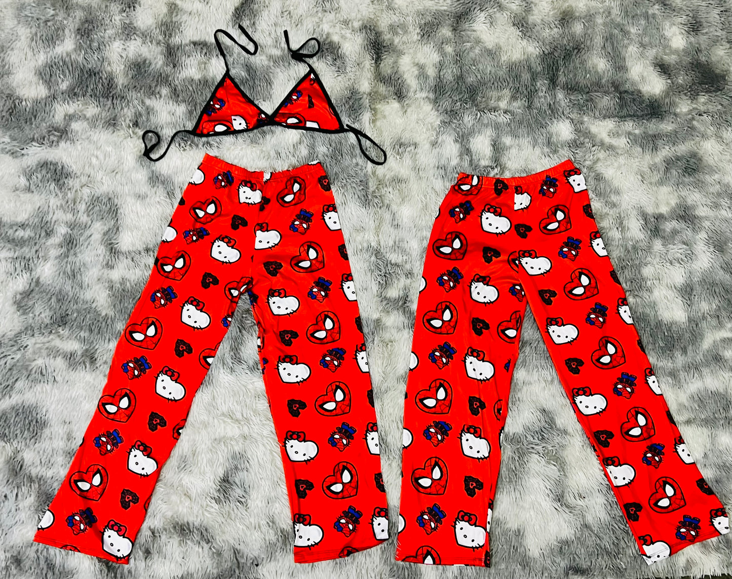 Spider and Kitty Red Hearts plush pajama duo