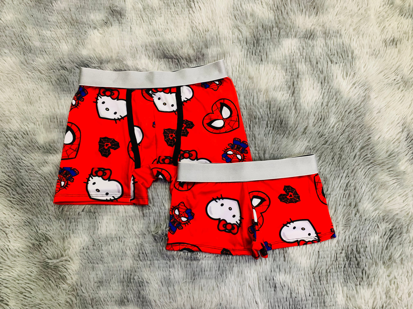 Kitty and spiderman hearts matching couples boxer underwear