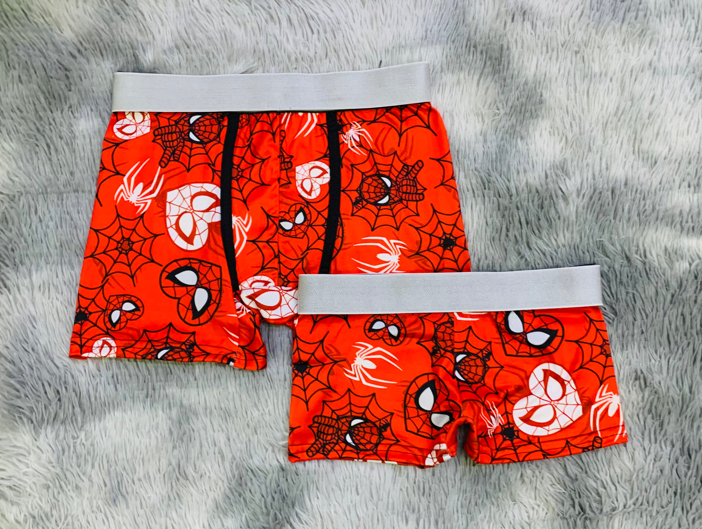 Spiderman with cobweb hearts matching couples boxer underwear