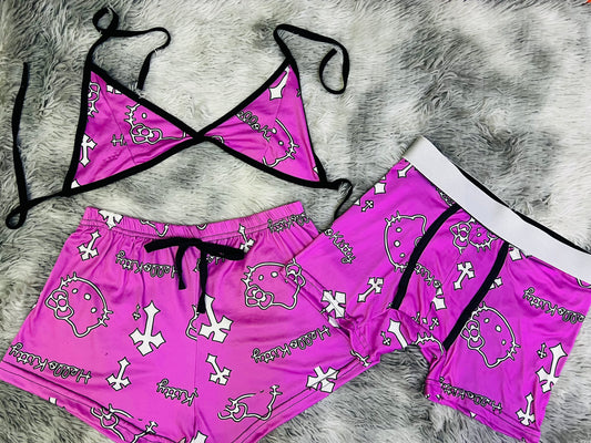 Hello Kitty Crosses Pink Background Matching shorts and boxers