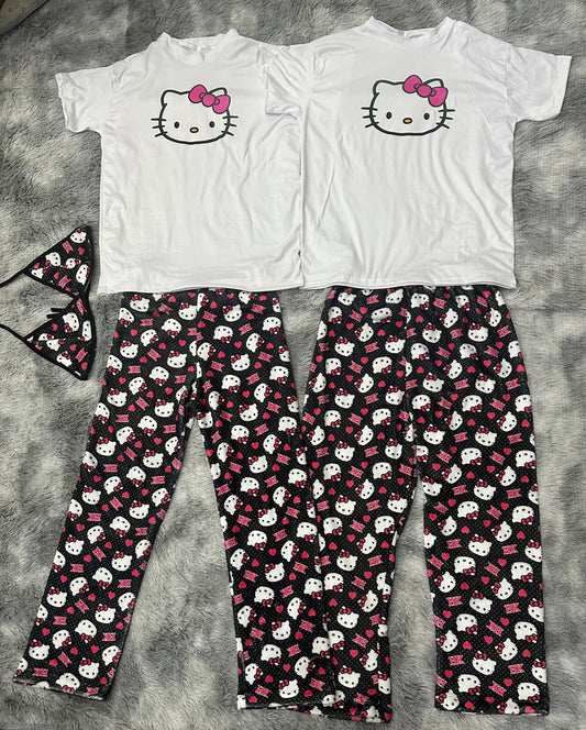 Hello kitty dots black background Matching plush pjs with T-shirt