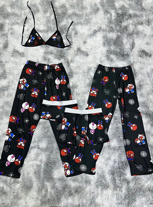 Hello kitty and Spiderman white spiderwebs black background 5 pz pajama
