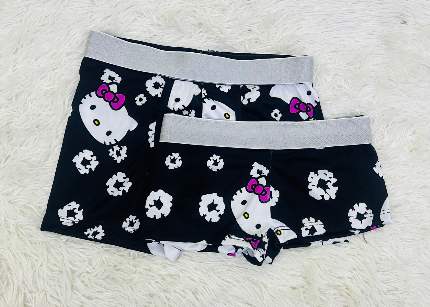 Kitty Pink bun and Flowers Black Background matching couples boxer underwear
