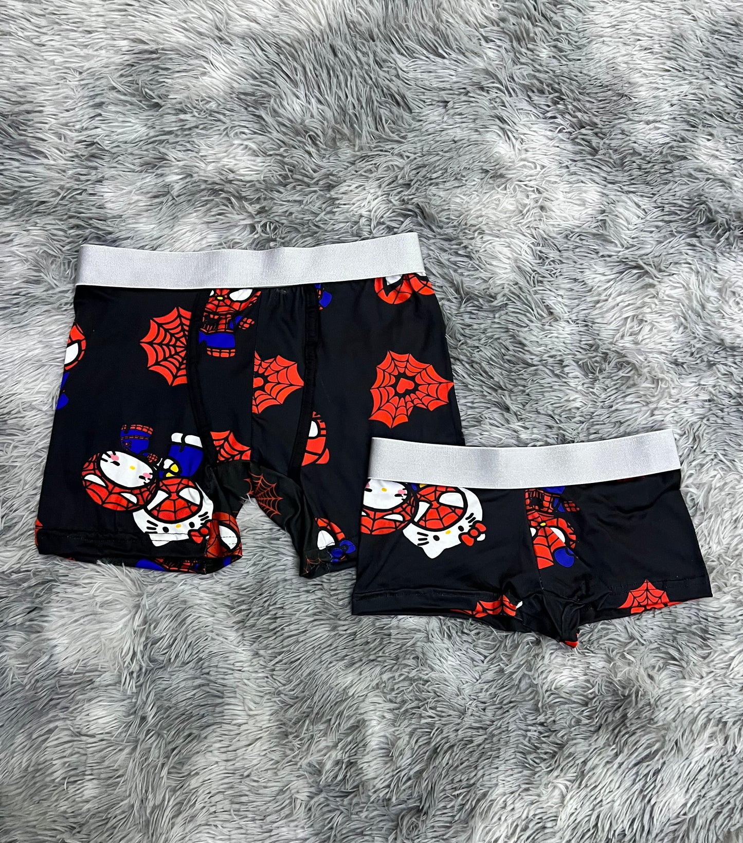 Hello kitty and Spiderman red spiderwebs black background matching couples boxer underwear
