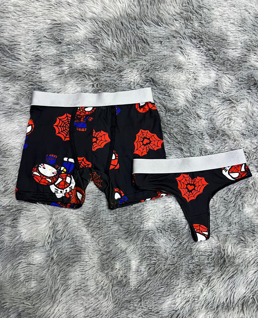 Hello kitty and spiderman red spiderwebs black background matching couples underwear set