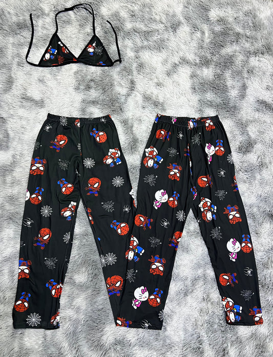Hello kitty and Spiderman white spiderwebs black background pajama duo