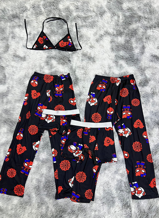 Hello kitty and Spiderman red spiderwebs black background 5 pz pajama