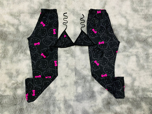 Hello Kitty pink bow black background plush pajama duo