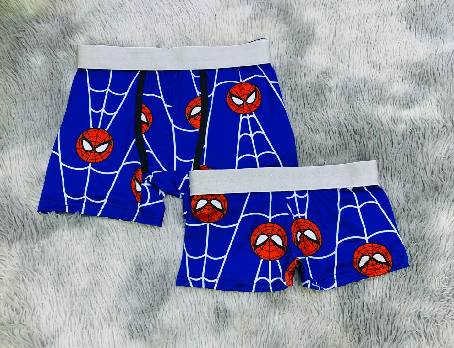 Spider with cobwebs on a blue background matching couples boxer underwear