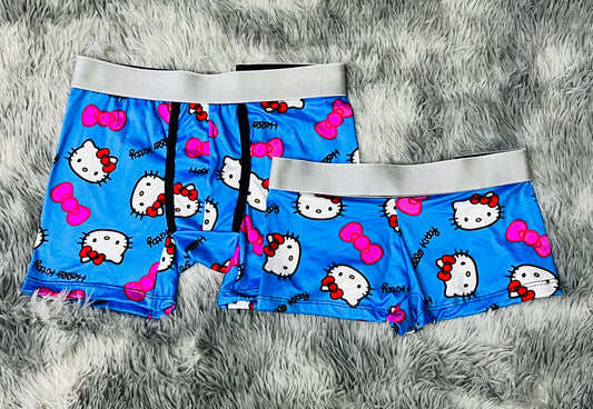 Kitty Faces Blue Background matching couples boxer underwear