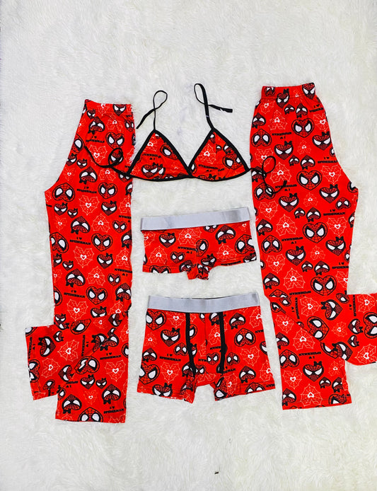 5 pz pajama duo hello kitty-spiderman hearts red background - Fundies