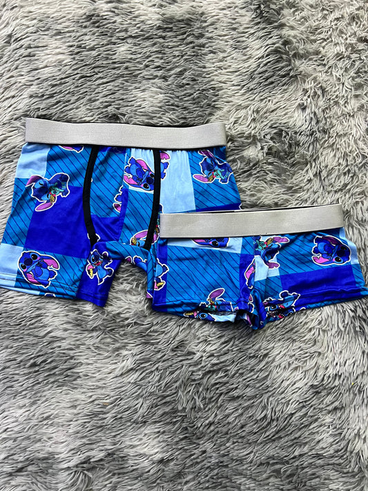 Stitch blue squares matching couples boxer underwear