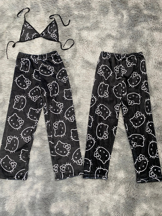 Kitty Contorno Background Black Matching Plushie PJs - Fundies