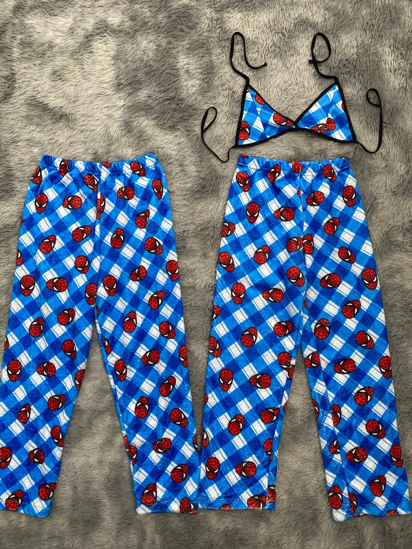 Spider-Man Background Plaid Blue And White Matching Plushie PJs - Fundies