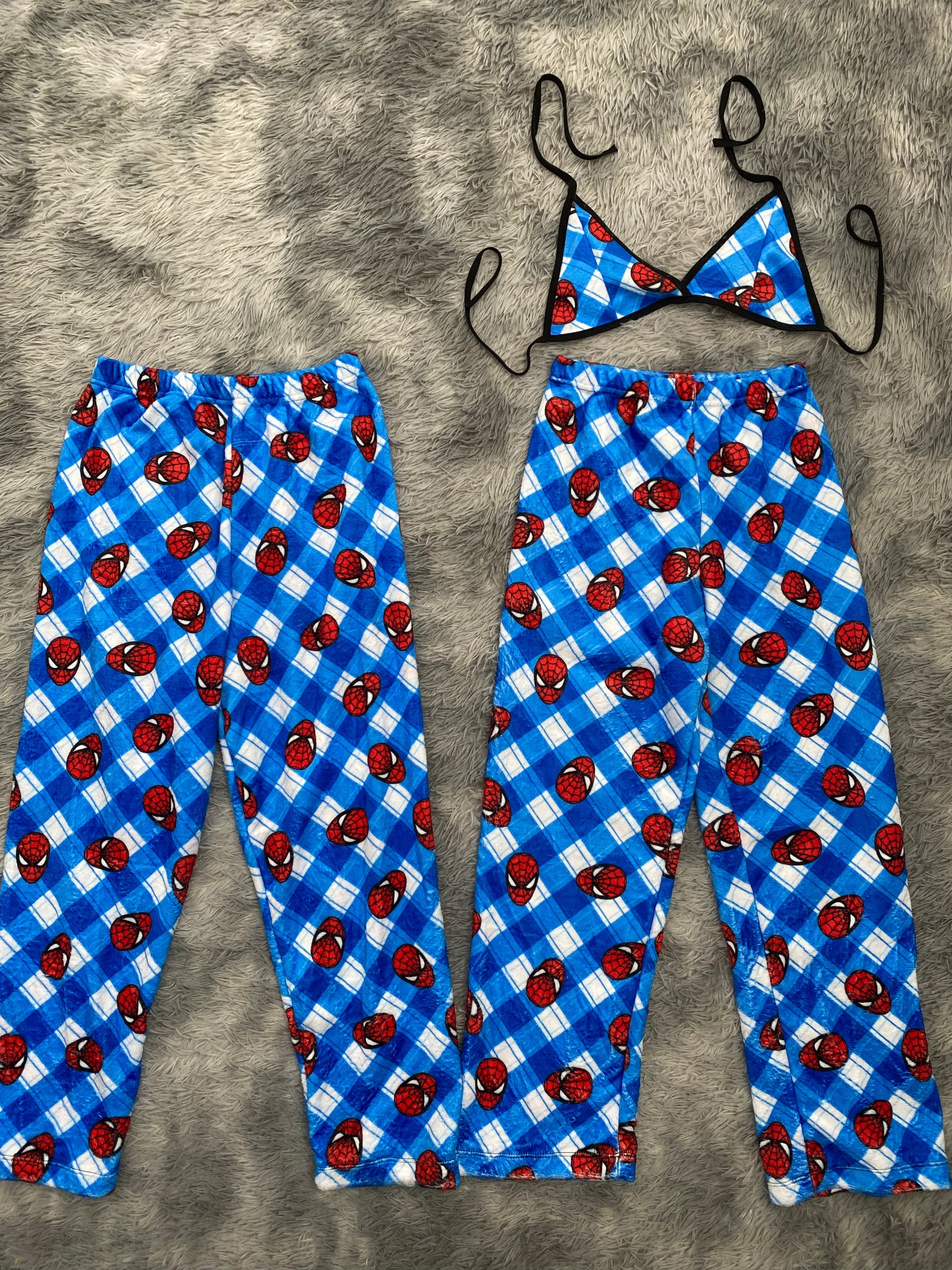 Spider-Man Background Plaid Blue And White Matching Plushie PJs - Fundies