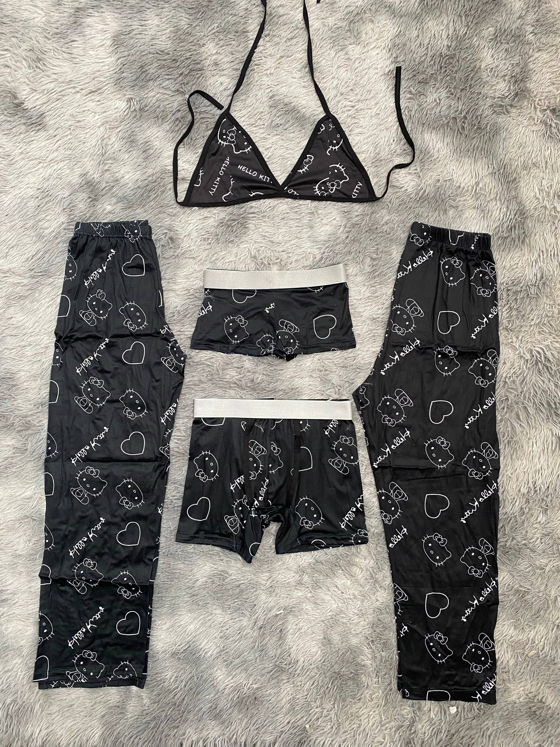Kitty Contorno White Background Black 5 Piece PJ - Fundies