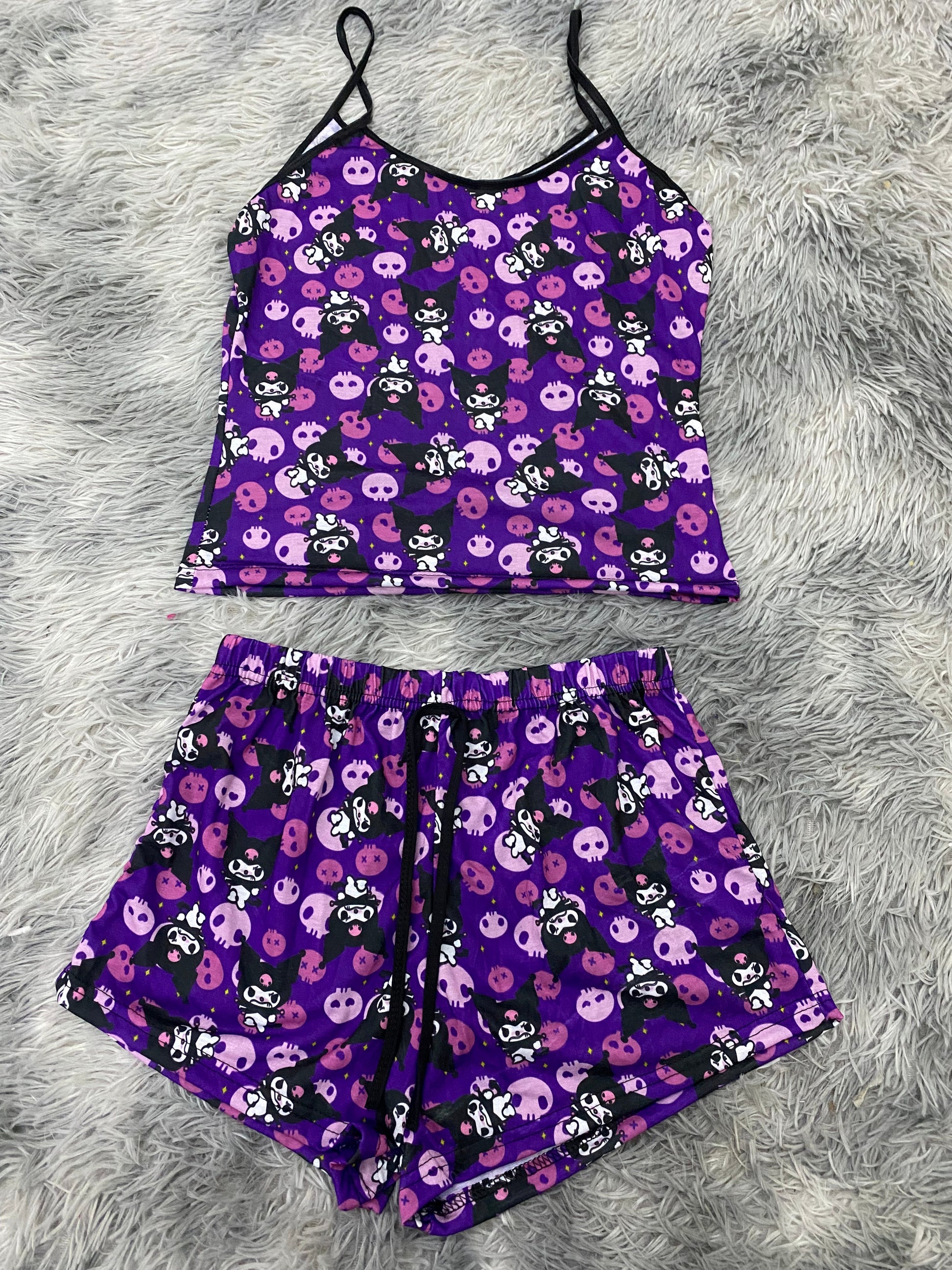 Kuromi And Skulls Background Purple Women's Pajama Set - Fundies