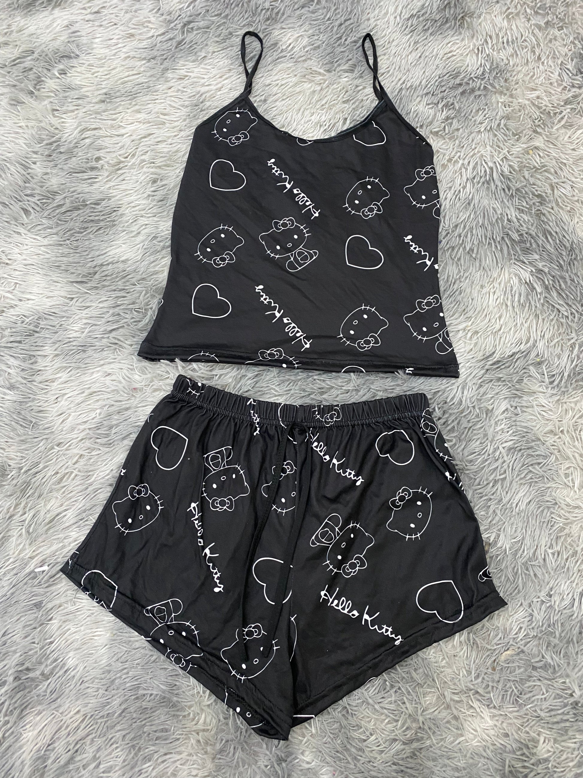 Kitty Letters Blancas Background Black Women's Pajama Set - Fundies