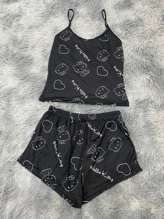 Kitty Letters Blancas Background Black Women's Pajama Set - Fundies