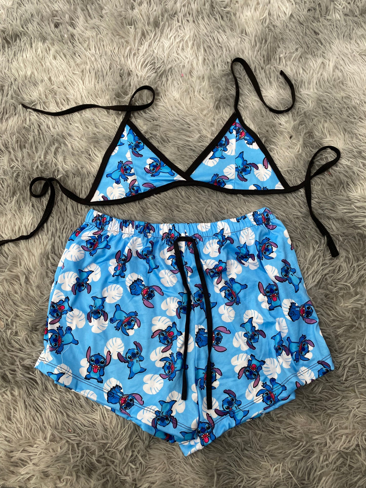 Stitch Flowers Blue Plush Top & Shorts Set
