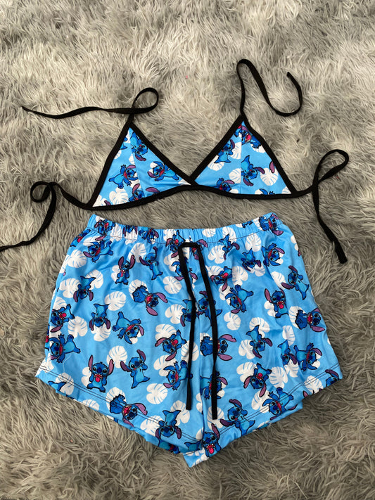 Stitch With Flowers Background Blue Matching Top & Short
