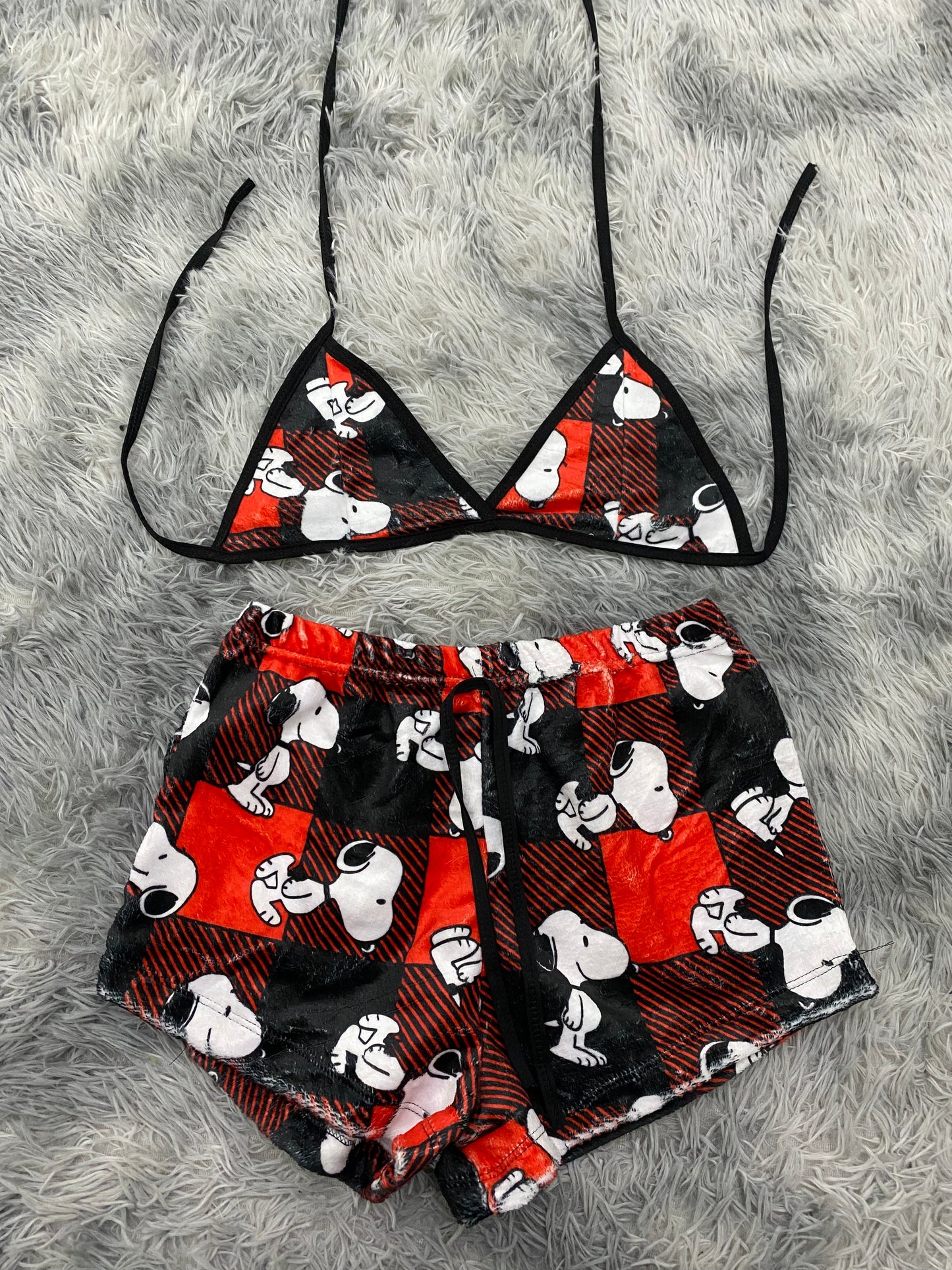 Snoopy Red & Black Plaid Plush Top & Shorts Set