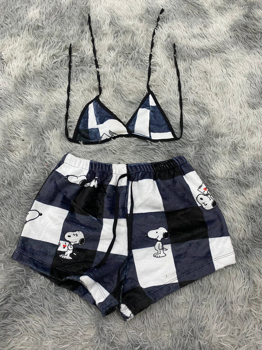 Snoopy Black & White Plaid Plush Top & Shorts Set