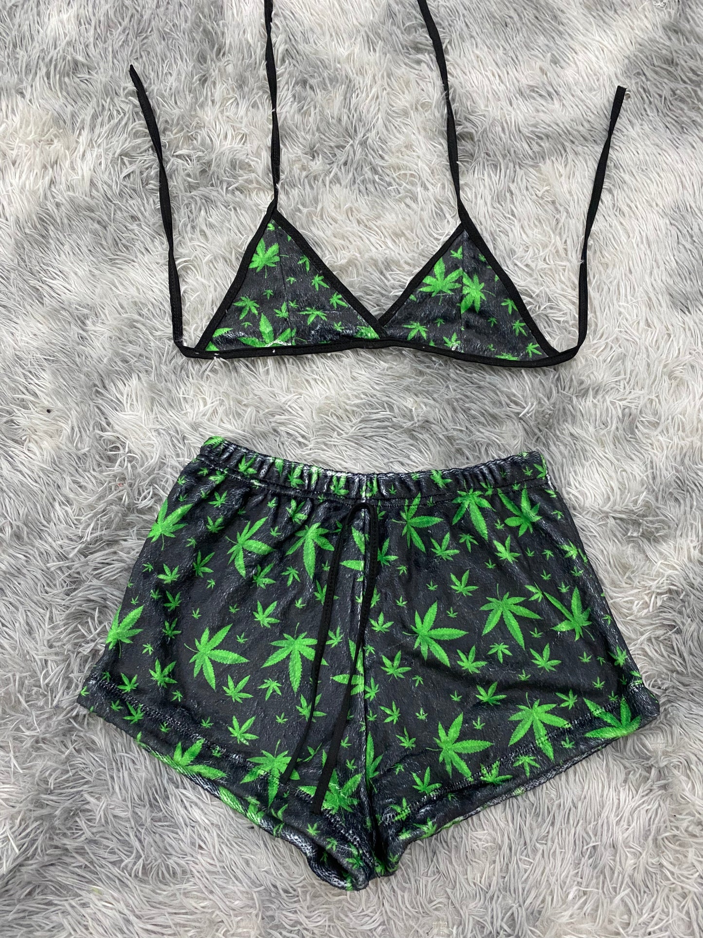 Weed Leaf Black Plush Top & Shorts Set