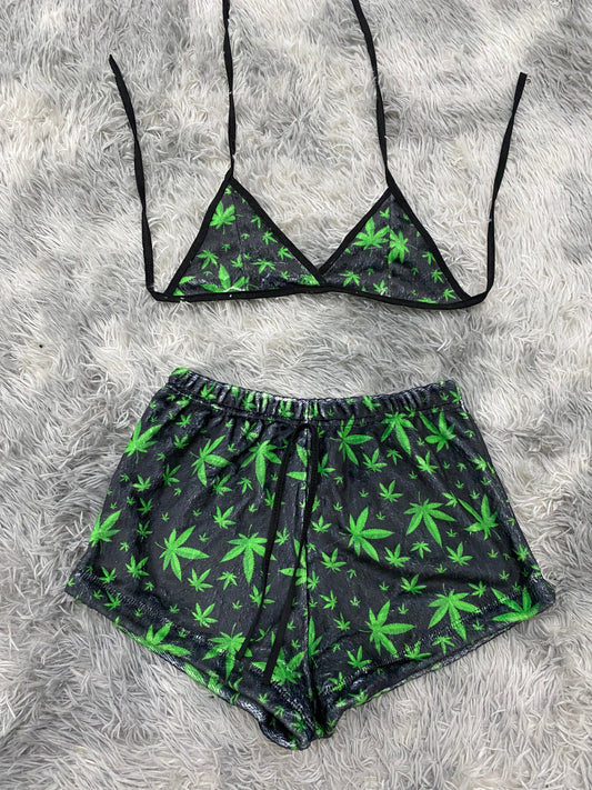 Weed Leaf Black Plush Top & Shorts Set
