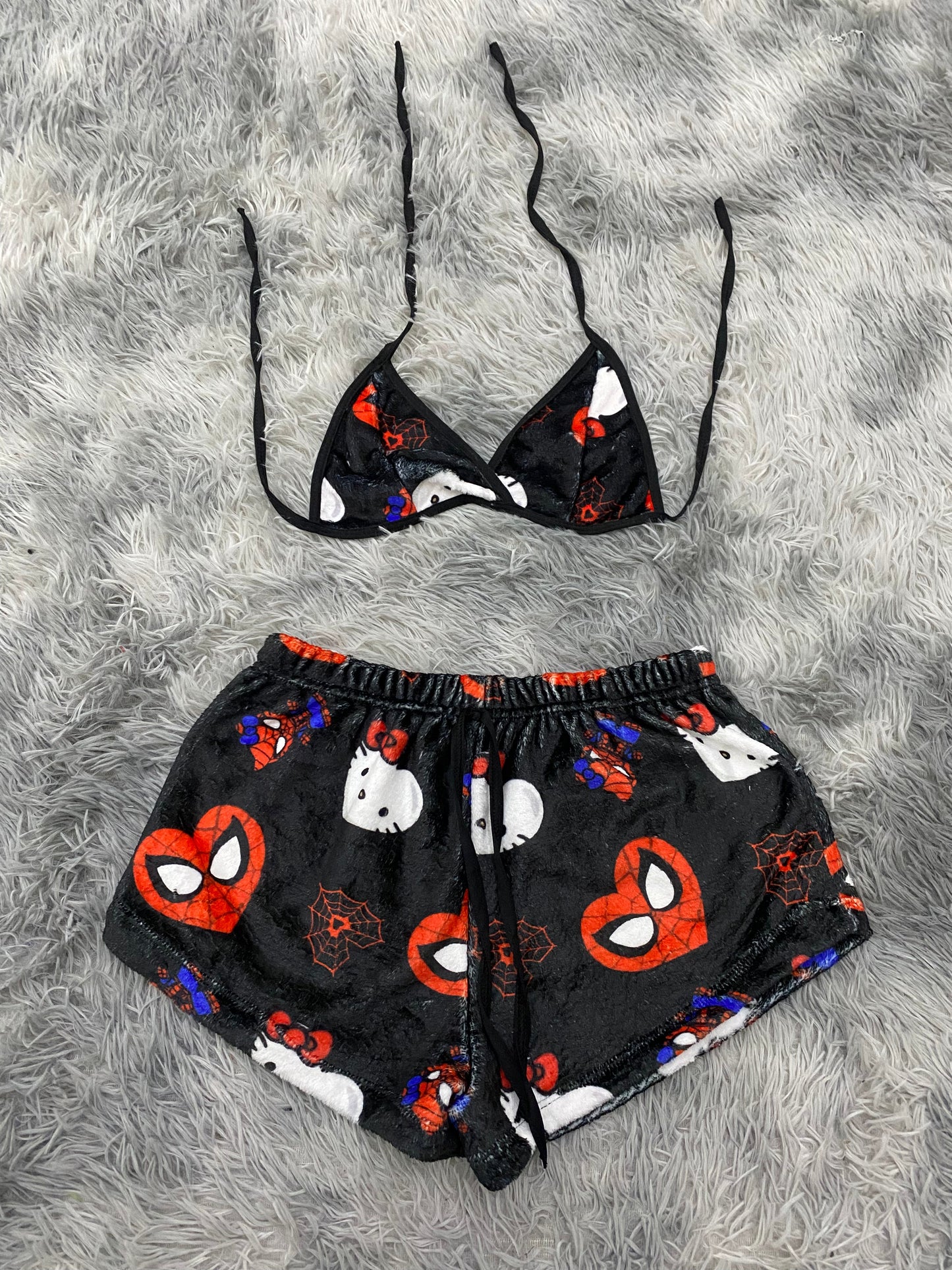 Spider Kitty Black Plush Top & Shorts Set